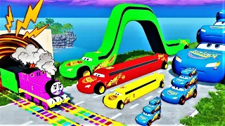 LONG CARS vs FUNNY CARS and Monster Truck Rescue Long Cars with Deep Water Mcqueen with Slide Color