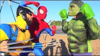 Spiderman vs The Incredible Hulk vs Wolverine in real life superhero battle