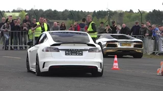 DRAG RACE | Tesla MODEL S P100D vs. Prior Audi R8 & Lamborghini Aventador LP700-4