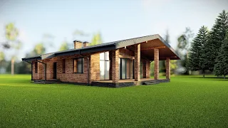 Проект одноэтажного дома из кирпича и газобетона Scandi S  с террасой, 3 спальни + кухня гостиная