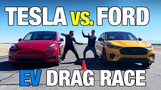 Drag Race! Ford Mustang Mach-E GT vs. Tesla Model Y Performance | 0-60, Roll Race & More