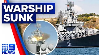 Russian warship sinks after reported Ukrainian missile strike | 9 News Australia