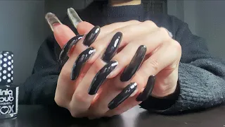 ASMR Painting my LONG NATURAL NAILS with BLACK NAIL POLISH 🖤🖤🖤