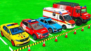 DACIAİ CHEVROLET, AUDI POLICE VEHICLES & AMBULANCE FIRE DEPARTMENT TRANSPORTING! Farming Simulator