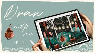 Children's Illustration in Procreate - Draw With me on your iPad - Bugs in Forest Scene