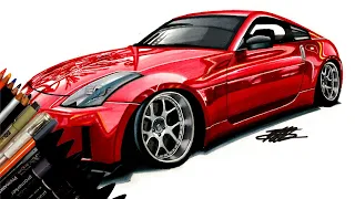 Realistic Car Drawing - Slammed Nissan 350Z - Time Lapse - Drawing Ideas