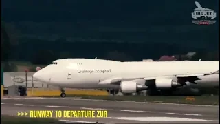 JET BLAST! 747 FREIGHTER FULL TAKE-OFF RUN AT ZURICH AIRPORT