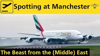 Plane Spotting at Manchester Airport - Close up Emirates A380 landing