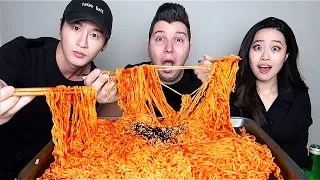 10 Packs Spicy Fire Noodle Challenge With Zach Choi And Stephanie Soo • MUKBANG
