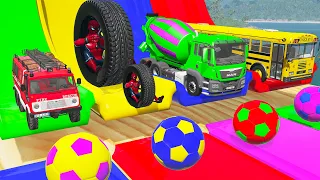 Double Flatbed Trailer Truck Rescue Bus - Cars vs Rails and Train - Funny Cars vs Monster Trucks