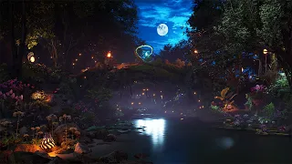 Magical Night in Elven Forest Ambience Calm Night with Crickets, Water and Nature Sounds to Sleep