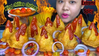 LOT’S OF KING CHILLIES CHUTNEY 🔥WITH LOT’S OF SAMOSA | SPICY SAMOSA CHALLENGE | MUKBANG | BIG BITES