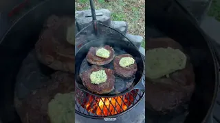 Garlic Butter Steak and Shrimp | Over The Fire Cooking by Derek Wolf #shorts