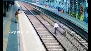 Indian guy nearly gets hit by a train then gets slapped by the police meme