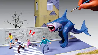 Making Shark mix with T-Rex Dinosaur Attacking the City | Miniature Diorama | Polymer Clay