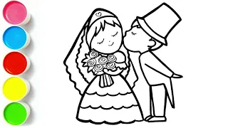 How to draw cute groom and bride || prince and princess drawing and coloring || groom bride drawing