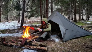 WINTER BACKCOUNTRY CAMPING - Tarp Tent Shelter, Camp Fire Cooking