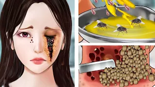 ASMR Removes Larvae, Parasitic Worms & Blackheads in the eyes | Acne Deep Cleaning Animation