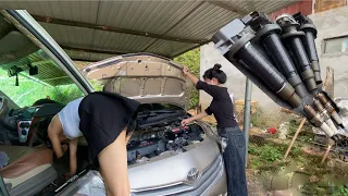 Recycling girl repairs car engine