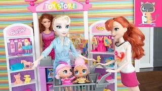 Frozen Elsa & Anna Lol Surprise Baby Doll Toddlers Shopping Barbie Toy Store Playset!