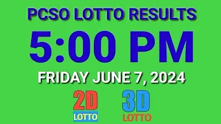5pm Lotto Results Today June 7, 2024 Friday ez2 swertres 2d 3d pcso