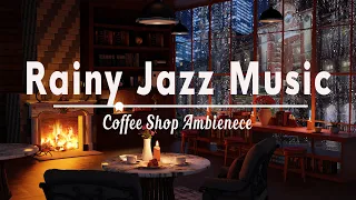 Проливной дождь на оконном пространстве в уютном кафе с расслабляющей джазовой музыкой для работы