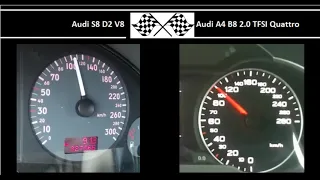 Audi S8 D2 V8 VS. Audi A4 B8 2.0 TFSI Quattro - Acceleration 0-100km/h