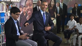 Awkward moment a schoolboy cuts off President Barack Obama for talking too much