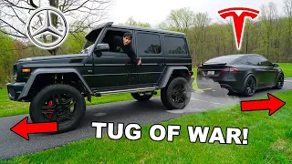 Tesla Model X vs Mercedes G550 4x4 Squared - TUG OF WAR!