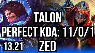 TALON vs ZED (MID) | 11/0/1, 3.8M mastery, Legendary, 800+ games | KR Master | 13.21