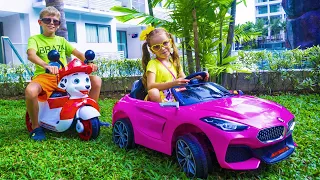 Max and Arina Pretend Play with Ride On New Cars Toy