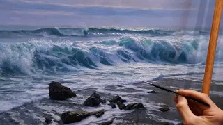 How I paint a REALISTIC WAVE - Oil Painting Techniques!