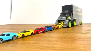 29 type Tomica Cars sliding down from big black truck Transporter #2