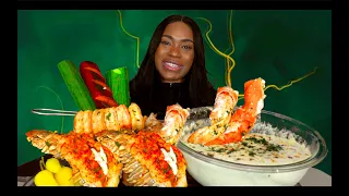 DESHELLED KING CRAB LEGS SEAFOOD BOIL MUKBANG | SEAFOOD ALFREDO CHEESE SAUCE MUKBANG | LOBSTER TAILS