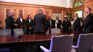 Fiji delegation including PM Frank Bainimarama sing Happy Birthday to John Horgan