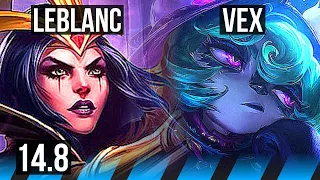 LEBLANC vs VEX (MID) | 11/1/2, 6 solo kills, 1100+ games, Dominating | KR Grandmaster | 14.8