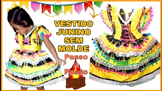 COMO FAZER VESTIDO DE QUADRILHA INFANTIL COM BABADO, vestido junino passo a passo SEM USAR MOLDE.