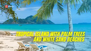 Aerial view of a tropical island with palm trees and white sand beaches