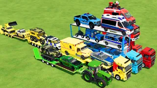 LOAD & TRANSPORT FIRETRUCK, POLICE CARS, AMBULANCE, CARS, BUS, TRACTOR, JEEP-Farming Simulator 22