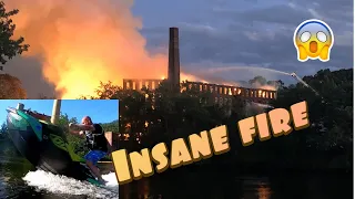 Jet skiing by a burned building on a Seadoo Spark Trixx