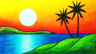 How To Draw Beautiful Sunset | Easy Sunset Scenery Drawing