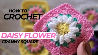 How to Crochet Daisy flower granny square easy step-by-step tutorial for Beginners