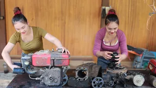 The genius mechanic girl repaired and restored the broken D4 diesel engine for the farmer