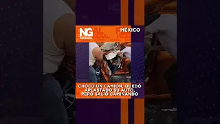 Chocó un camión, quedo aplastado su auto, pero salió caminando