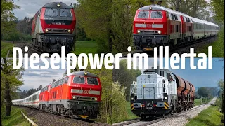 Dieselpower auf der Illertalbahn: ICs mit Br218, NeSA 218, Nahverkehrs Lint u. DE18 mit Schotterzug