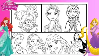 Disney PRINCESSES Together Coloring Page ARIEL ANNA ELSA JASMINE MOANA RAPUNZEL Coloring Compilation