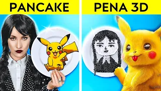 TANTANGAN SENI PENA 3D VS PANCAKE || Wednesday Addams vs Pokemon! Siapa yang lebih jago oleh 123 GO!