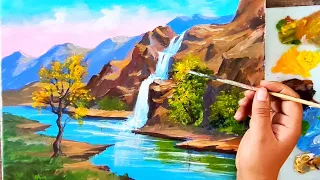 Landscape painting of waterfall and rock The magic of nature: the image of waterfall and rock