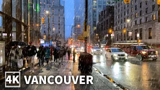 【4K】Downtown Vancouver Night Walk in Snow | Canada (Sounds Of Snowfall)