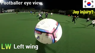 Strong two team football player's match eye view